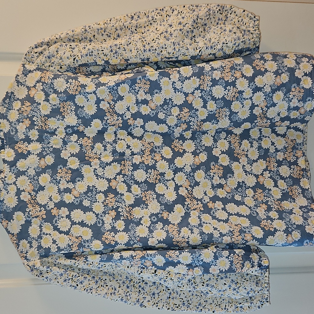 Solitaire Blue, White Boho Mixed Floral Puff Sleeve Top, M, Cottagecore, Peasant - Picture 6 of 11